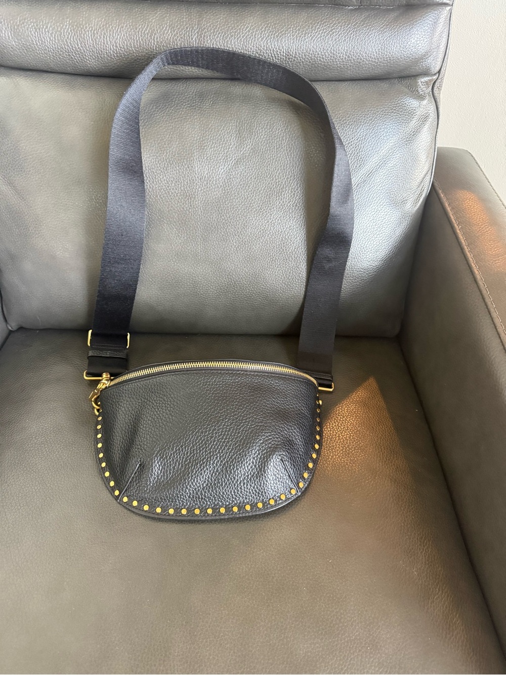 Rebecca Minkoff Black Leather Crossbody Belt Bag with Gold Studs